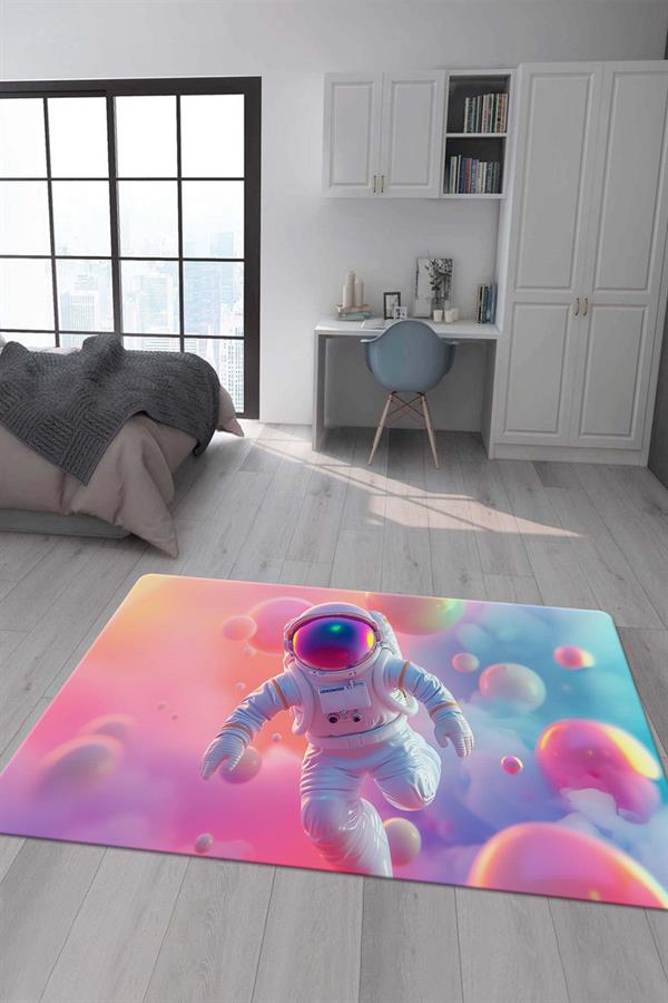 Kaymaz Taban Makinada Yıkanabilir Dijital Baskı Astronot Desenli Genç Odası Halısı
