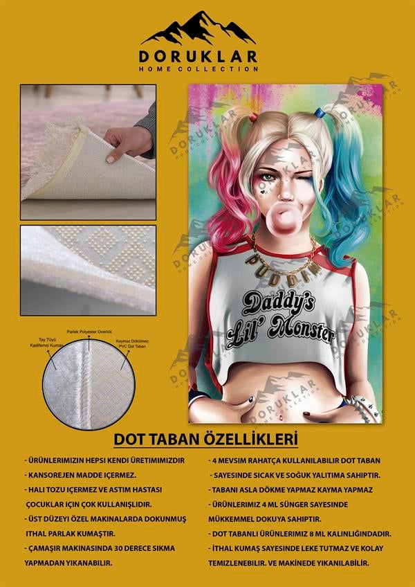 Kaymaz Taban Makinada Yıkanabilir Dijital Baskı Harley Quinn Desenli Çocuk Halısı