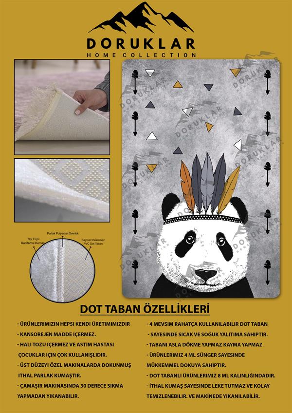 Kaymaz Taban Makinada Yıkanabilir Dijital Baskı Panda Desenli Çocuk Odası Halısı Dot Taban Halı