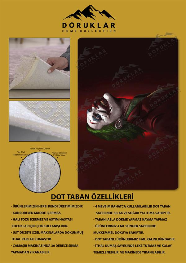 Kaymaz Taban Makinada Yıkanabilir Dijital Baskı Joker Desenli Genç Odası Halısı