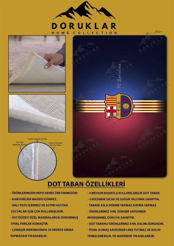 Kaymaz Taban Makinada Yıkanabilir Dijital Baskı Barcelona Desenli Genç Odası ve Çocuk Odası Halısı Dot Taban Halı