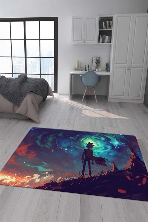 Kaymaz Taban Makinada Yıkanabilir Dijital Baskı Rick and Morty Desenli Çocuk Odası Halısı Dot Taban Halı RM10