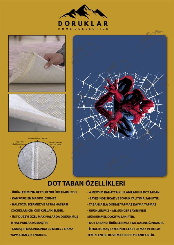 Kaymaz Taban Makinada Yıkanabilir Dijital Baskı SpiderMan Desenli Genç ve Çocuk Odası Halısı Dot Taban Halı