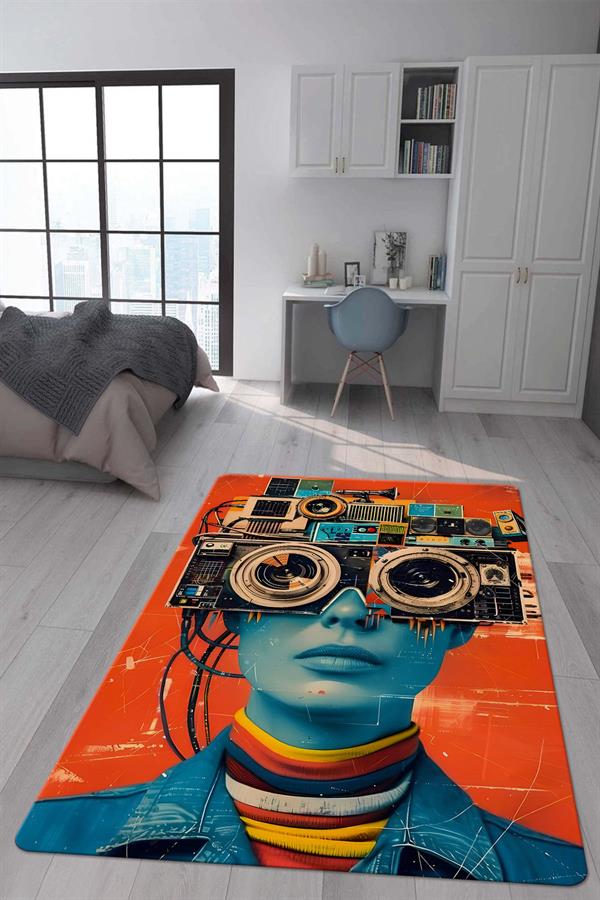 Kaymaz Taban Makinada Yıkanabilir Dijital Baskı Retro Desenli Çocuk Genç Odası Halısı Dot Taban Halı RTR29
