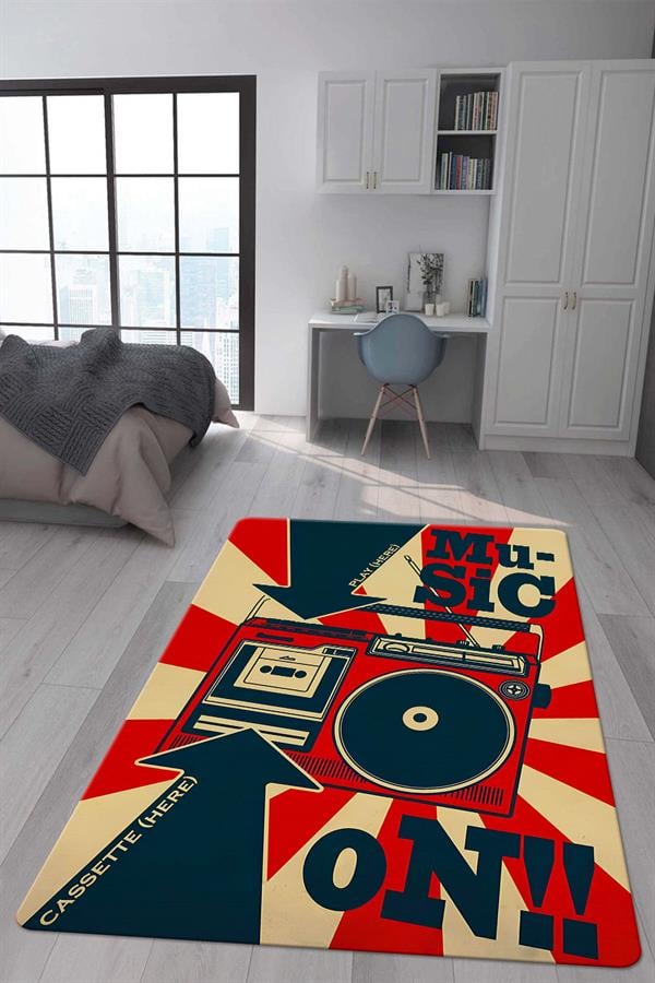 Kaymaz Taban Makinada Yıkanabilir Dijital Baskı Retro Desenli Çocuk Genç Odası Halısı Dot Taban Halı RTR17