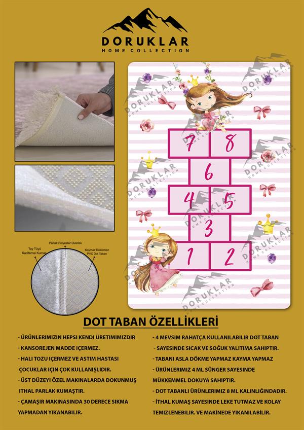 Kaymaz Taban Makinada Yıkanabilir Dijital Baskı Seksek Desenli Çocuk Odası Halısı Dot Taban Halı