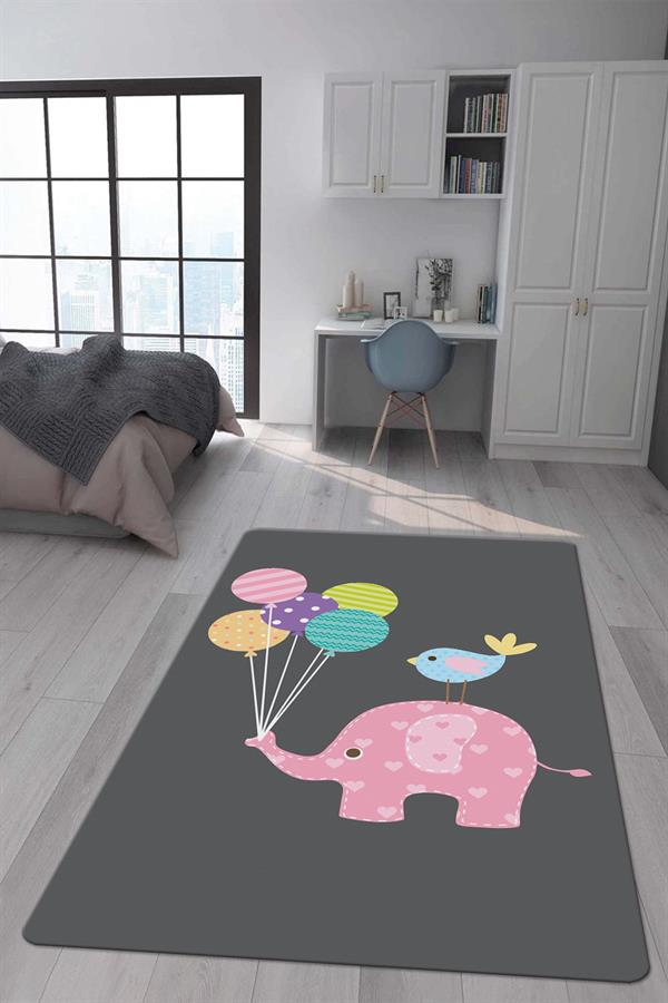 Kaymaz Taban Makinada Yıkanabilir Dijital Baskı Fil Balon Desenli Çocuk Odası Halısı Dot Taban Halı