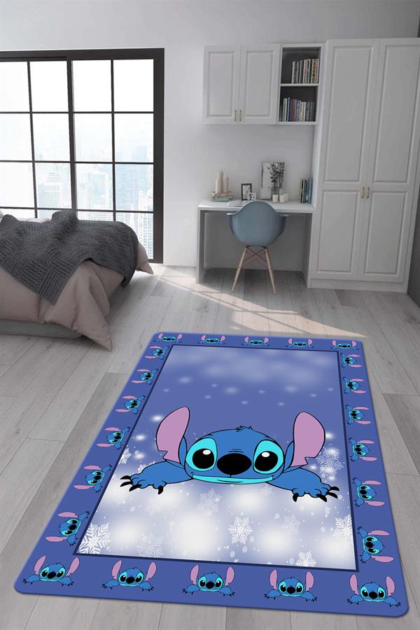 Kaymaz Taban Makinada Yıkanabilir Dijital Baskı Stitch Desenli Çocuk Odası Halısı Dot Taban Halı 0013