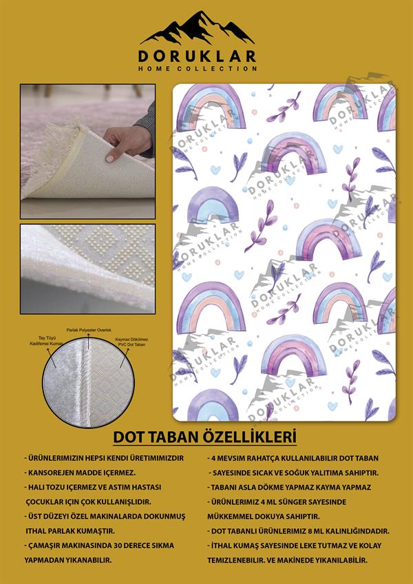 Kaymaz Taban Makinada Yıkanabilir Dijital Baskı Gökkuşağı Desenli Çocuk Odası Halısı Dot Taban Halı RB05