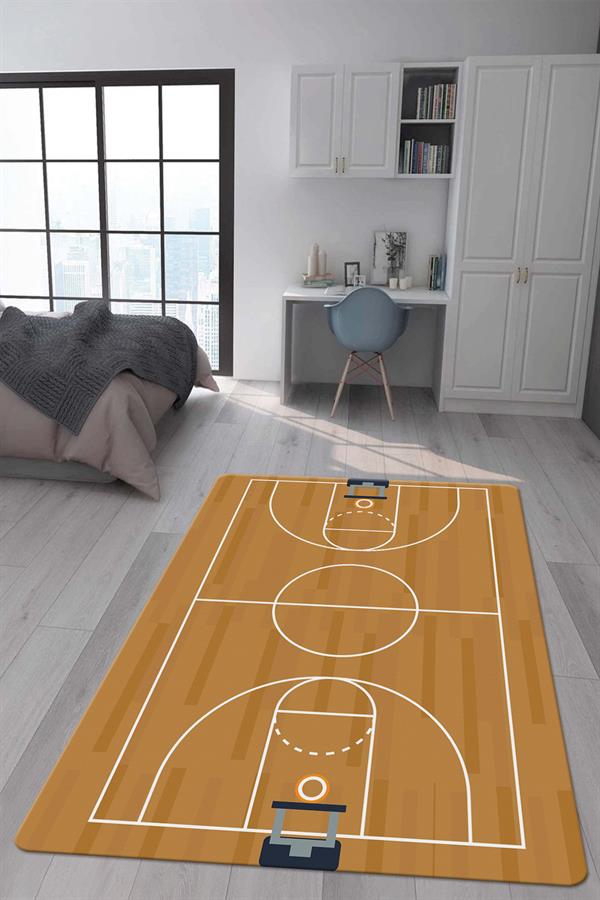 Kaymaz Taban Makinada Yıkanabilir Dijital Baskı Basketbol Desenli Genç Odası Halısı