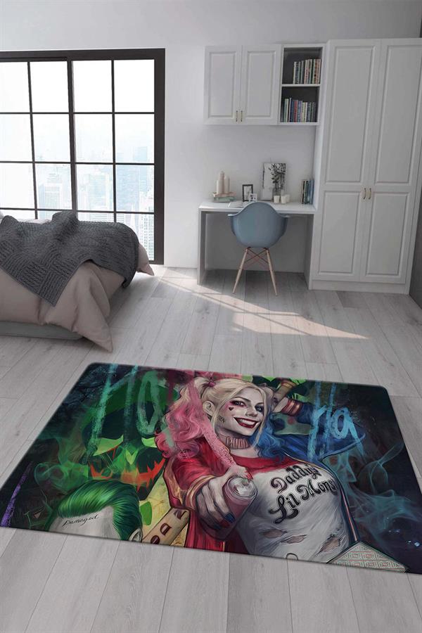 Kaymaz Taban Makinada Yıkanabilir Dijital Baskı Harley Quinn Desenli Çocuk Halısı
