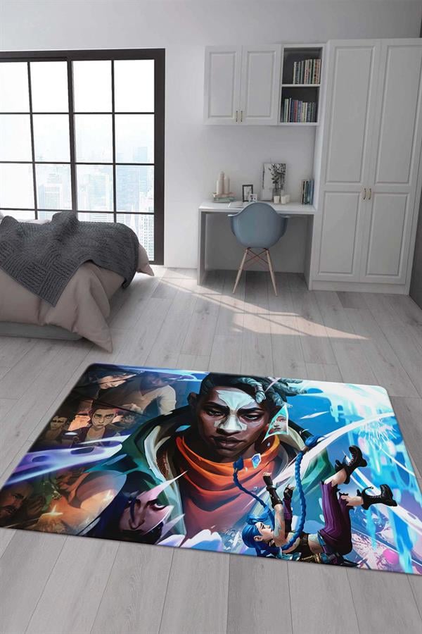 Kaymaz Taban Makinada Yıkanabilir Dijital Baskı Arcane Jinx ve Ekko Desenli Çocuk Odası Halısı Dot Taban Halı ARC19