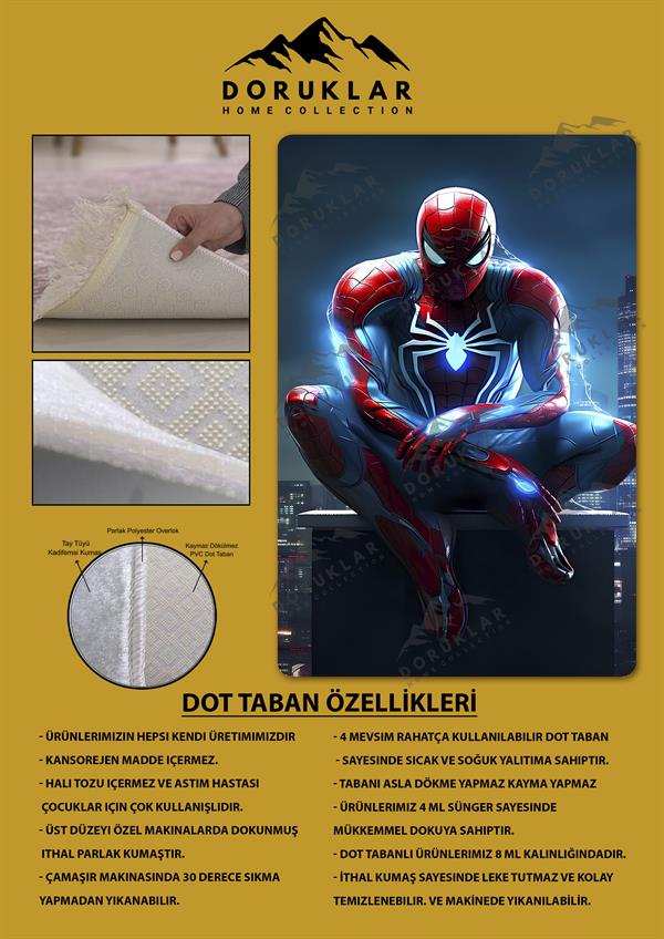Kaymaz Taban Makinada Yıkanabilir Dijital Baskı SpiderMan Desenli Genç ve Çocuk Odası Halısı Dot Taban Hal
