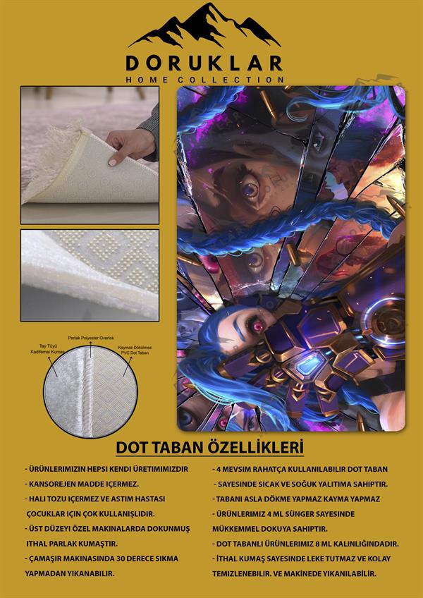 Kaymaz Taban Makinada Yıkanabilir Dijital Baskı Arcane Jinx ve Vi Desenli Genç Odası Halısı Dot Taban Halı