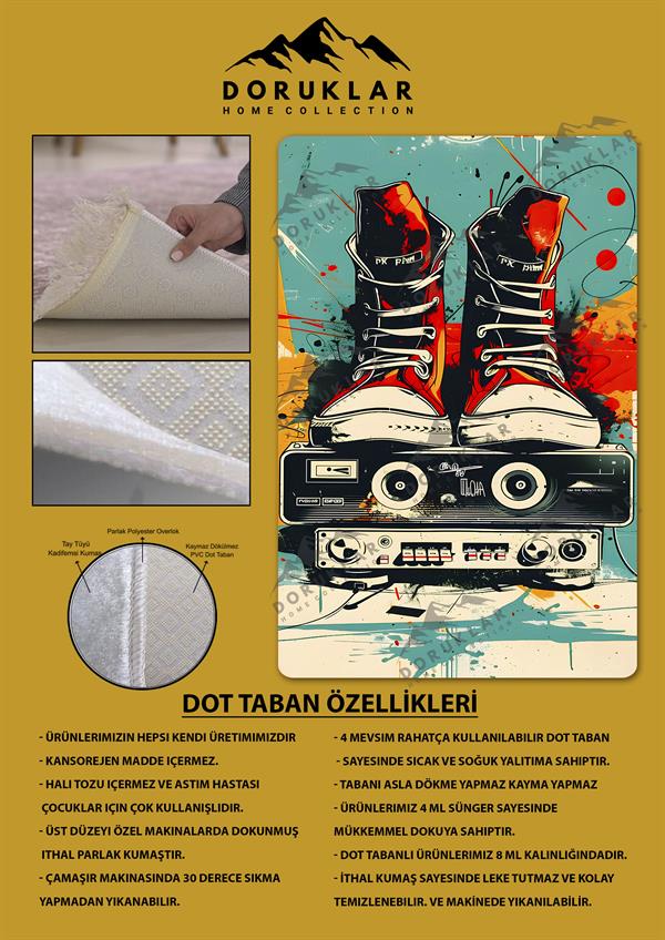 Kaymaz Taban Makinada Yıkanabilir Dijital Baskı Retro Desenli Çocuk Genç Odası Halısı Dot Taban Halı RTR22