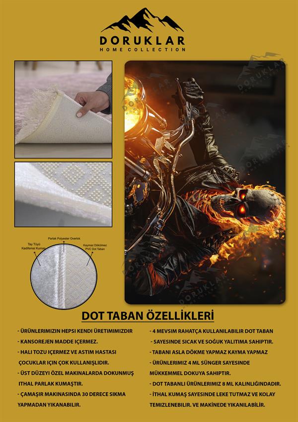 Kaymaz Taban Makinada Yıkanabilir Dijital Baskı İskelet Desenli Genç Odası Halısı