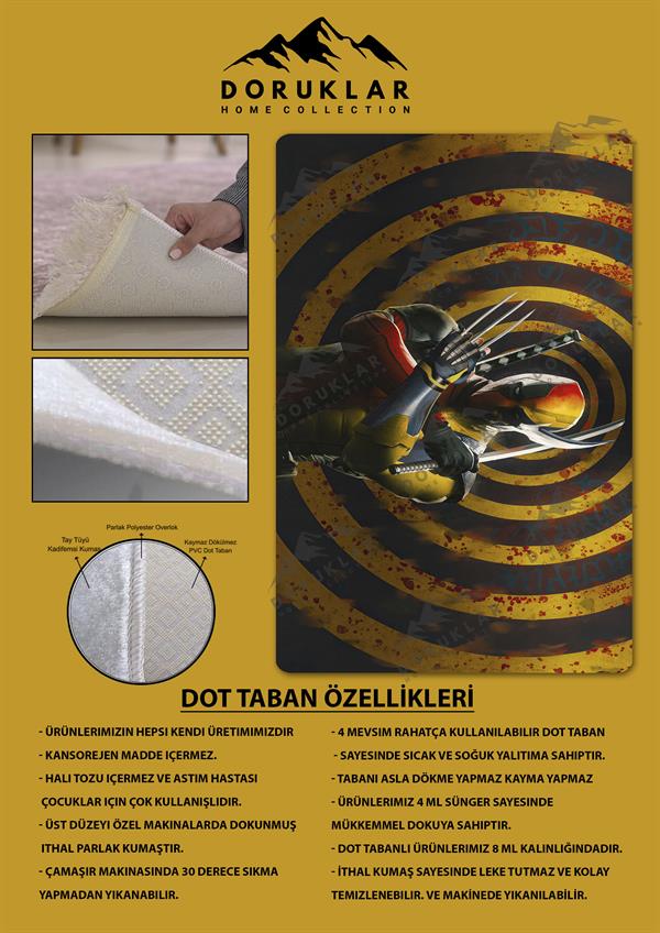 Kaymaz Taban Makinada Yıkanabilir Dijital Baskı DeadPool Desenli Genç Odası Halısı