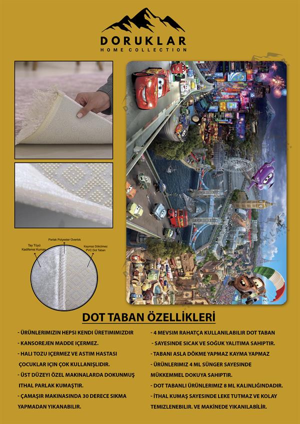 Kaymaz Taban Makinada Yıkanabilir Dijital Baskı Mcqueen Desenli Çocuk Odası Halısı Dot Taban Halı