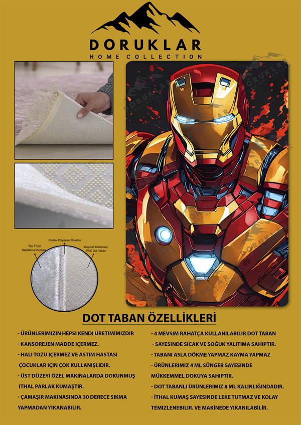 Kaymaz Taban Makinada Yıkanabilir Dijital Baskı İron Man Desenli Genç Odası Halısı Dot Taban Halı GNC12