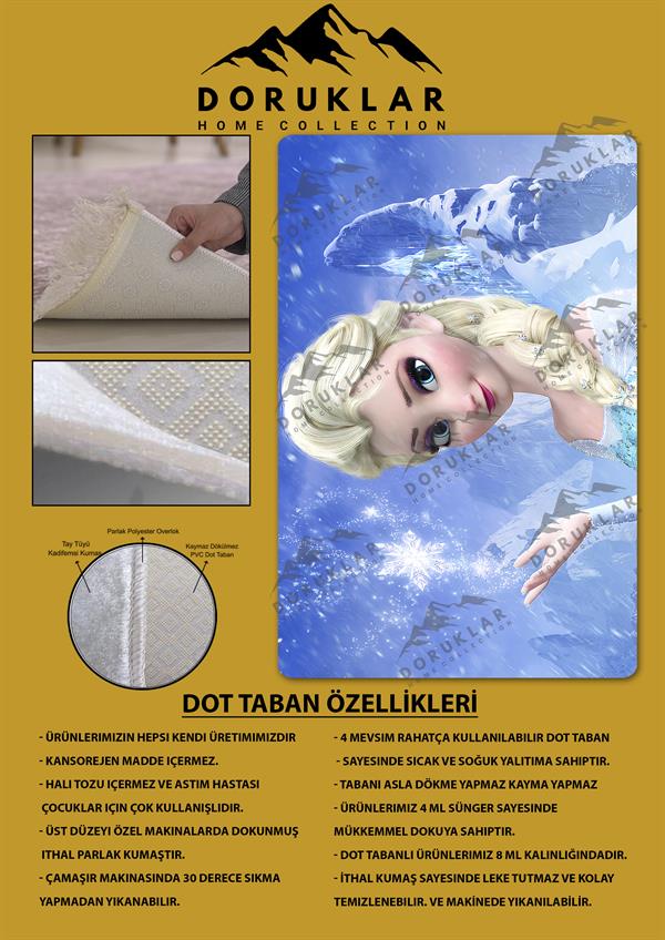Kaymaz Taban Makinada Yıkanabilir Dijital Baskı Elsa Frozen Desenli Genç Odası Halısı Dot Taban Halı GNC65