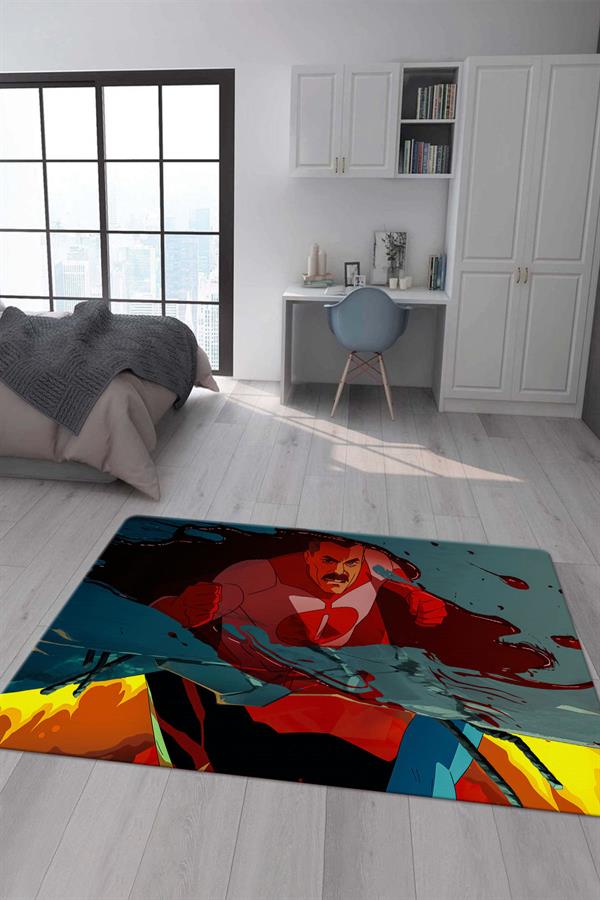 Kaymaz Taban Makinada Yıkanabilir Dijital Baskı Invincible Desenli Çocuk Odası Halısı Dot Taban Halı IC05
