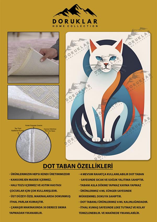 Kaymaz Taban Makinada Yıkanabilir Dijital Baskı Kedi Desenli Genç Halısı Dot Taban Halı