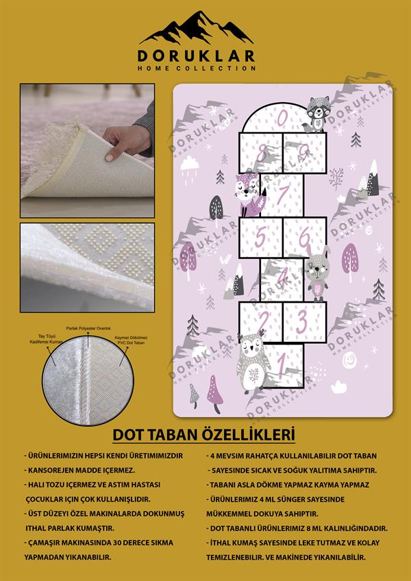 Kaymaz Taban Makinada Yıkanabilir Dijital Baskı Figürlü Seksek Desenli Çocuk Odası Halısı Dot Taban Halı