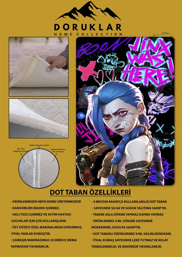 Kaymaz Taban Makinada Yıkanabilir Dijital Baskı Arcane Jinx Desenli Çocuk Odası Halısı Dot Taban Halı ARC05