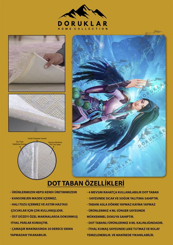 Kaymaz Taban Makinada Yıkanabilir Dijital Baskı Valorant Sage Desenli Çocuk Odası Halısı Dot Taban Halı VL15