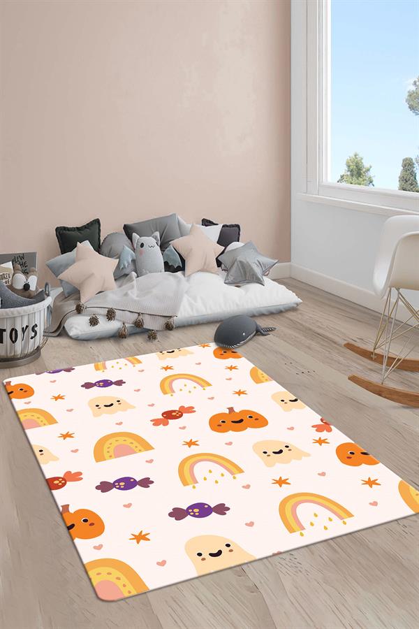 Kaymaz Taban Makinada Yıkanabilir Dijital Baskı Gökkuşağı Desenli Çocuk Odası Halısı Dot Taban Halı RB02