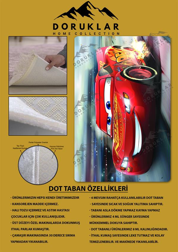 Kaymaz Taban Makinada Yıkanabilir Dijital Baskı Şimşek Mcqueen Desenli Genç Odası ve Çocuk Odası Halısı Dot Taban Halı