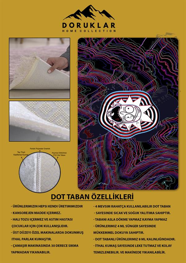 Kaymaz Taban Makinada Yıkanabilir Dijital Baskı Rick and Morty Desenli Çocuk Odası Halısı Dot Taban Halı RM09