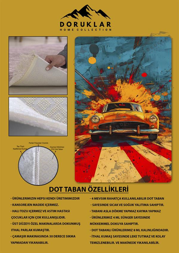 Kaymaz Taban Makinada Yıkanabilir Dijital Baskı Retro Desenli Çocuk Genç Odası Halısı Dot Taban Halı RTR21