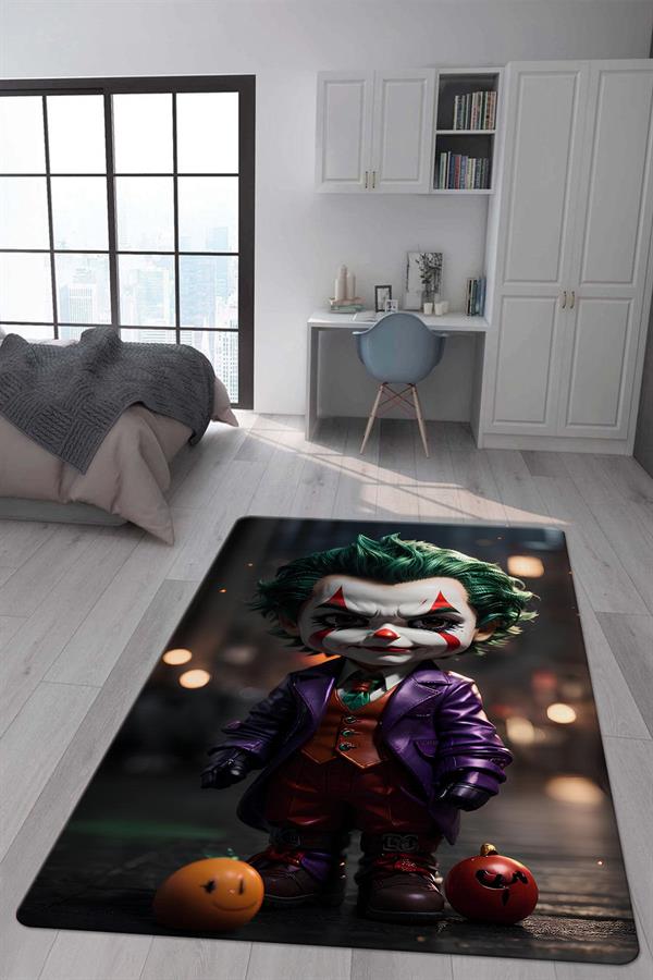 Kaymaz Taban Makinada Yıkanabilir Dijital Baskı Baby Joker Desenli Genç ve Çocuk Odası Halısı Dot Taban Hal