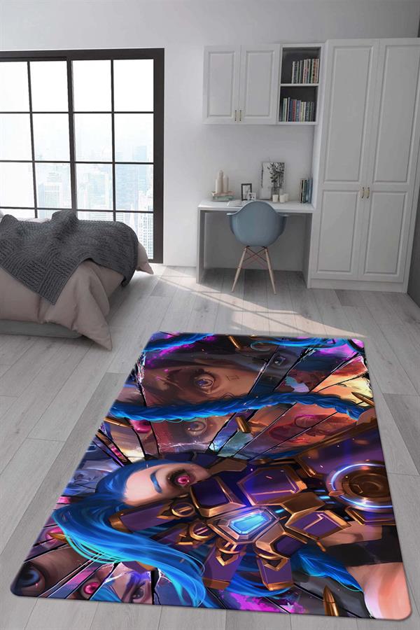 Kaymaz Taban Makinada Yıkanabilir Dijital Baskı Arcane Jinx ve Vi Desenli Genç Odası Halısı Dot Taban Halı