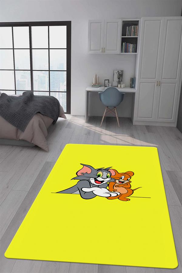 Kaymaz Taban Makinada Yıkanabilir Dijital Baskı Tom ve Jerry Desenli Genç Odası Halısı Dot Taban Halı GNC48