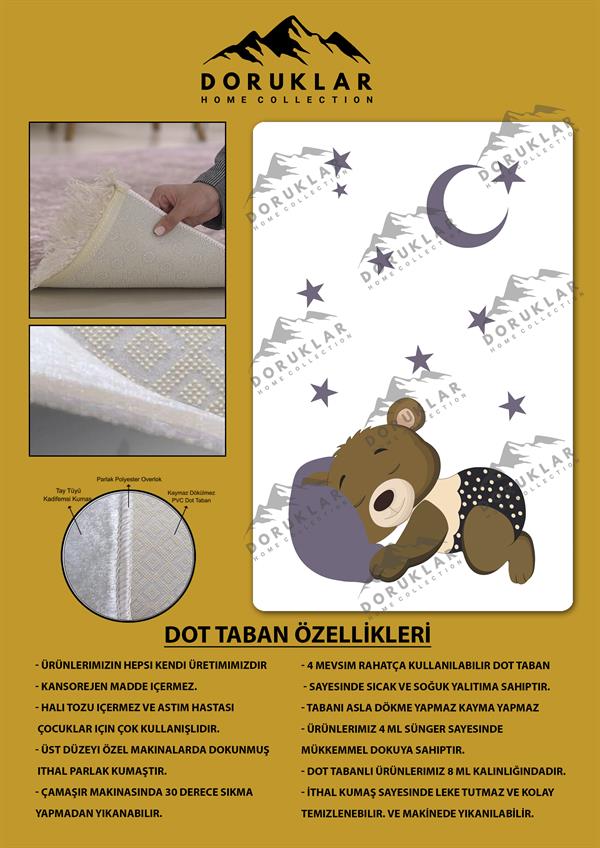 Kaymaz Taban Makinada Yıkanabilir Dijital Baskı Ayıcık Desenli Çocuk Odası Halısı Dot Taban Halı