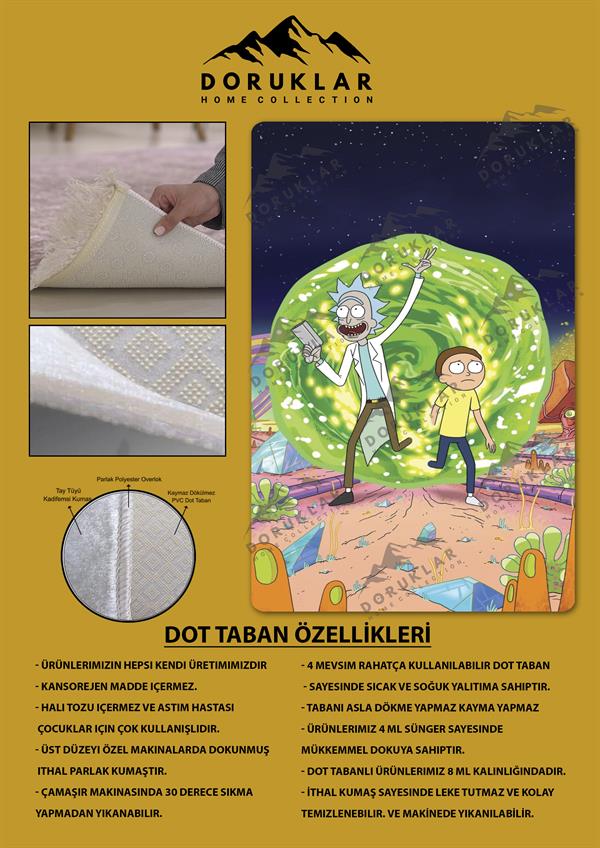 Kaymaz Taban Makinada Yıkanabilir Dijital Baskı Rick and Morty Desenli Genç Odası Halısı