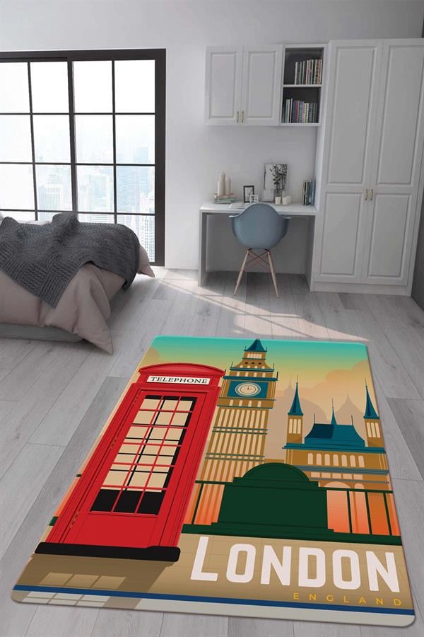 Kaymaz Taban Makinada Yıkanabilir Dijital Baskı London Desenli Genç Odası Halısı