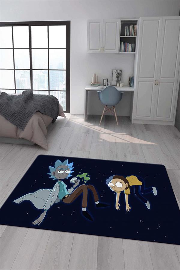 Kaymaz Taban Makinada Yıkanabilir Dijital Baskı Rick and Morty Desenli Çocuk Odası Halısı Dot Taban Halı RM01