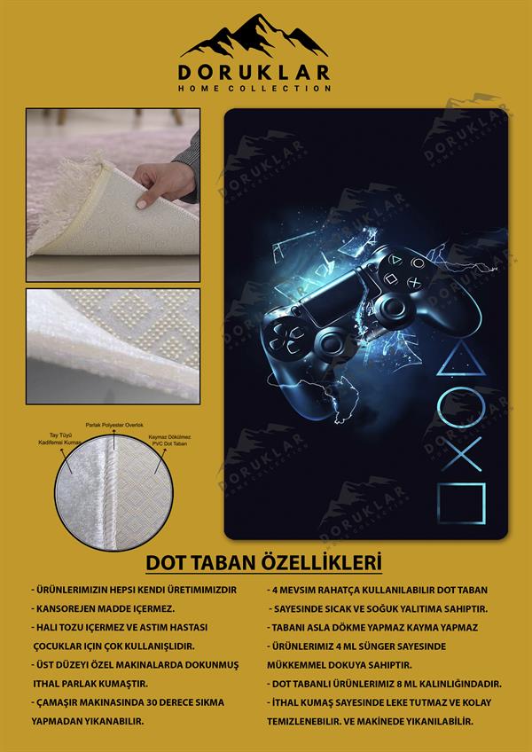 Kaymaz Taban Makinada Yıkanabilir Dijital Baskı Gamer Desenli Çocuk Odası Halısı Dot Taban Halı