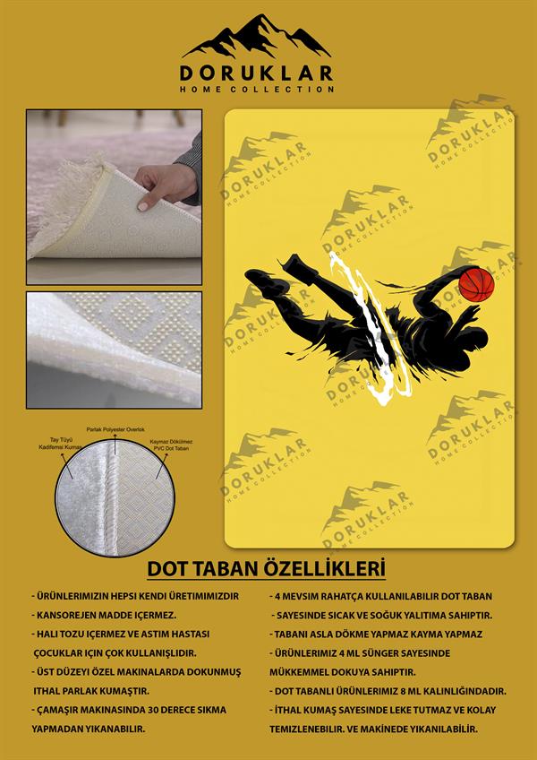 Kaymaz Taban Makinada Yıkanabilir Dijital Baskı Basketbol Desenli Genç Odası Halısı Dot Taban Halı