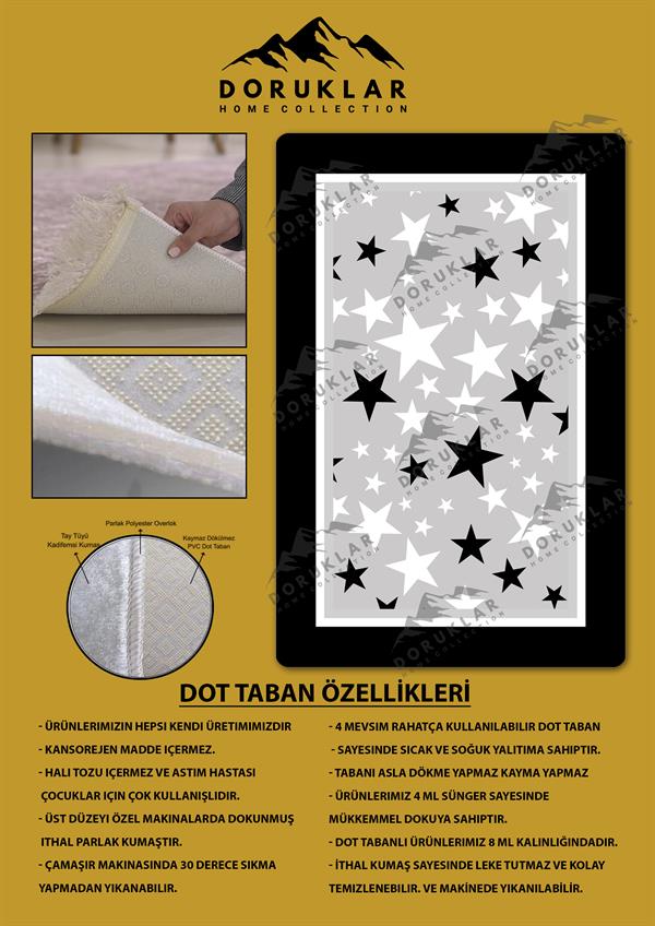 Kaymaz Taban Makinada Yıkanabilir Dijital Baskı Yıldız Desenli Çocuk Odası Halısı Dot Taban Halı 02