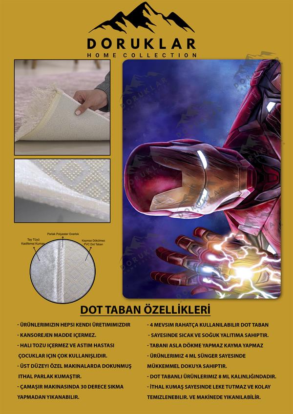 Kaymaz Taban Makinada Yıkanabilir Dijital Baskı İron Man Desenli Genç Odası ve Çocuk Odası Halısı Dot Taban Halı