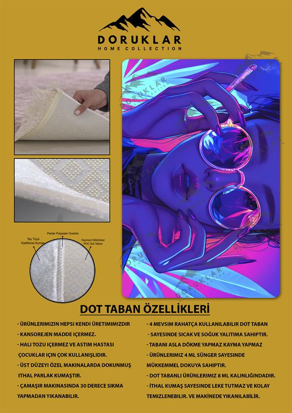 Kaymaz Taban Makinada Yıkanabilir Dijital Baskı Retro Kız Desenli Genç Odası Halısı