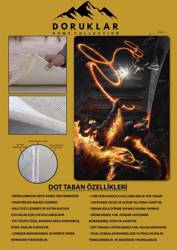 Kaymaz Taban Makinada Yıkanabilir Dijital Baskı Balrog ve Gandalf Desenli Genç ve Çocuk Odası Halısı