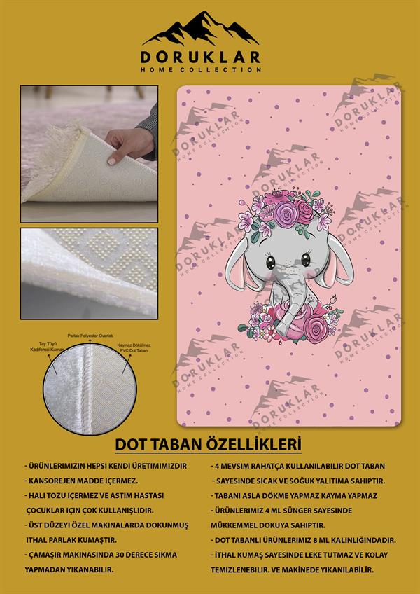 Kaymaz Taban Makinada Yıkanabilir Dijital Baskı Fil Desenli Çocuk Odası Halısı Dot Taban Halı