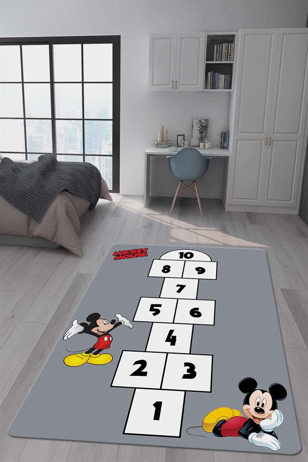 Kaymaz Taban Makinada Yıkanabilir Dijital Baskı Mickey Seksek Desenli Çocuk Odası Halısı Dot Taban Halı