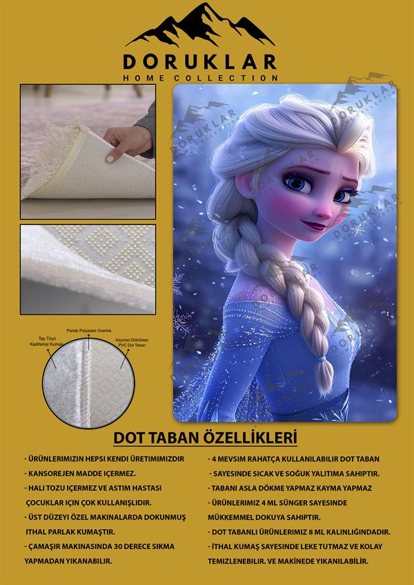 Kaymaz Taban Makinada Yıkanabilir Dijital Baskı Elsa Frozen Desenli Genç Odası Halısı Dot Taban Halı GNC15