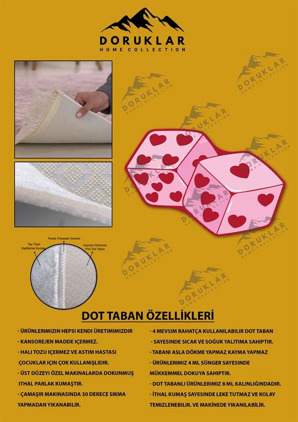 Kaymaz Taban Makinada Yıkanabilir Dijital Baskı Kalpli Zar Desenli Genç Odası Halısı Dot Taban Halı GNC40